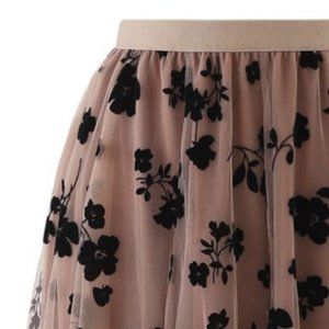 3D Posy Double-Layered Mesh Midi Skirt in Caramel